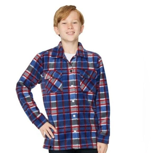 Quiksilver Boy's L (14/16) Fleece Shirt Jacket Shacket Pockets Snap Blue Plaid - Picture 7 of 12